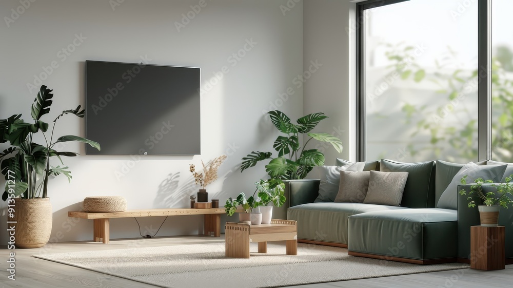 A serene green home theater with plants, a velvet sofa, and natural wood accents. A serene green home theater with plants, a velvet sofa, and natural wood accents.