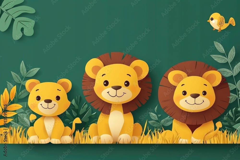 Three Adorable Lions in a Jungle Setting Three Adorable Lions in a Jungle Setting