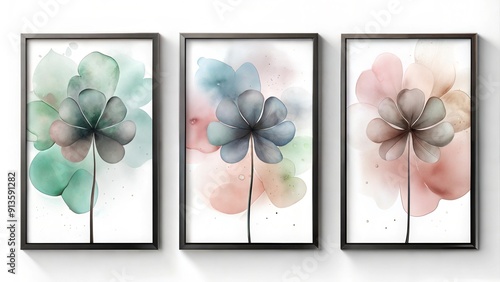 A set of three poster, minimalistic abstract pastel   watercolors clover  leaves wall art photo