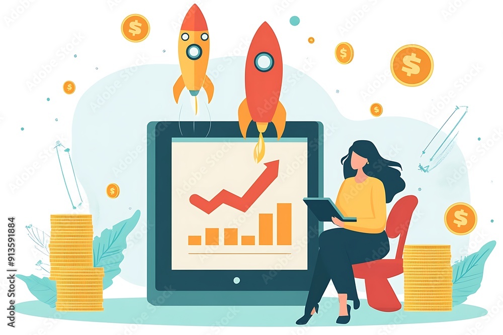 Investor at workplace. Woman studies graphs and charts, trader analyzes startups and business. Financial literacy and passive income. Investor at workplace. Woman studies graphs and charts, trader analyzes startups and business. Financial literacy and passive income.