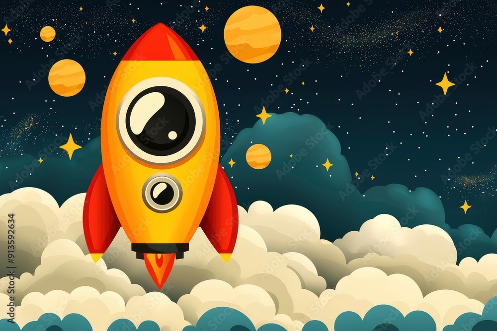Rocket Launch into the Night Sky with Stars and Planets Stock ...