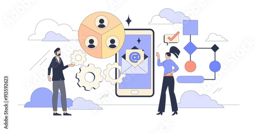 Automated business email marketing solutions tiny person neubrutalism concept, transparent background.