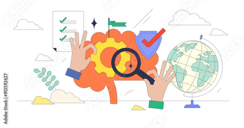 Artificial intelligence global governance tiny person neubrutalism concept, transparent background. AI leadership and management to protect user data, information and safety illustration.