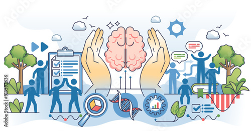 Behavioral science that explore cognitive process outline hands concept, transparent background. Brain research and conscious thoughts analysis for study and human understanding illustration.
