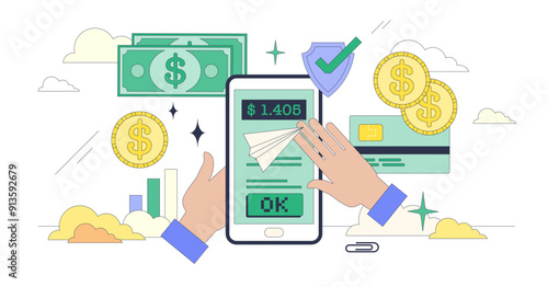 Electronic funds transfer using digital money tiny neubrutalism concept, transparent background. Banking services for finance resource sending using online platform illustration.