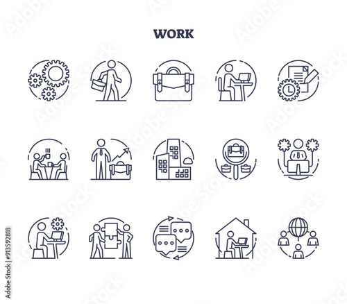 Work icons with job and professional business career outline collection set, transparent background. Elements with workforce, labor and partnership symbols illustration.