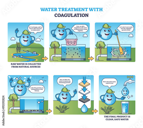 Water treatment with coagulation principle outline comic style diagram, transparent background. Labeled educational explanation with raw wastewater filtration, purification and cleaning.