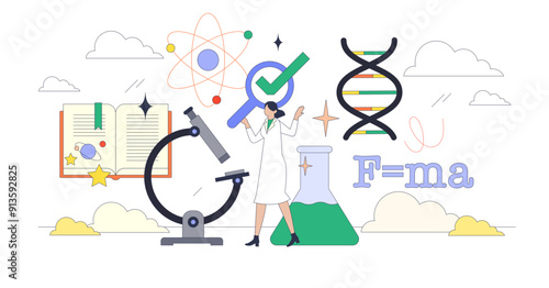 Woman in science doing innovative research tiny person neubrutalism concept, transparent background. Female scientist or doctor as professional chemistry, physics or biology specialist illustration.