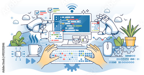 AI for coding and software developing automation outline hands concept, transparent background. Artificial intelligence help with script programming and write code for websites illustration.