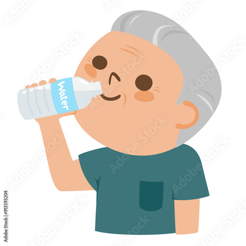 ペットボトルにクチをつけてミネラルウォーターを飲む高齢者男性のイラスト。