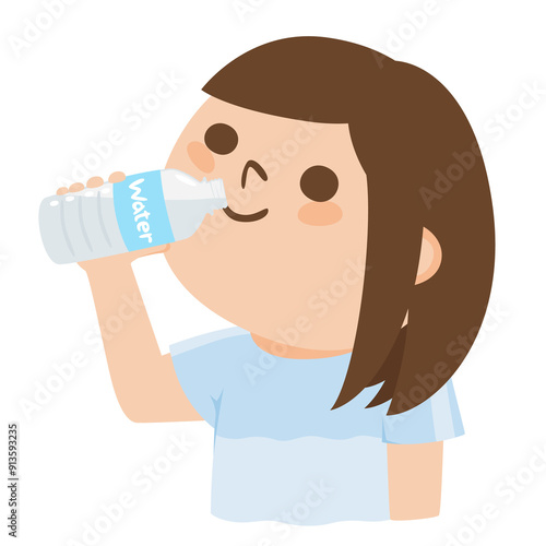 ペットボトルにクチをつけてミネラルウォーターを飲む若い女性のイラスト。