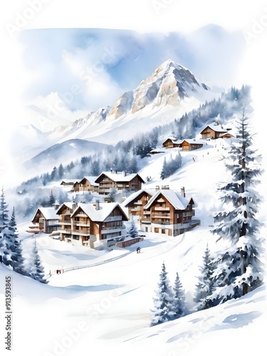 Watercolor Ski Resort Landscape Art