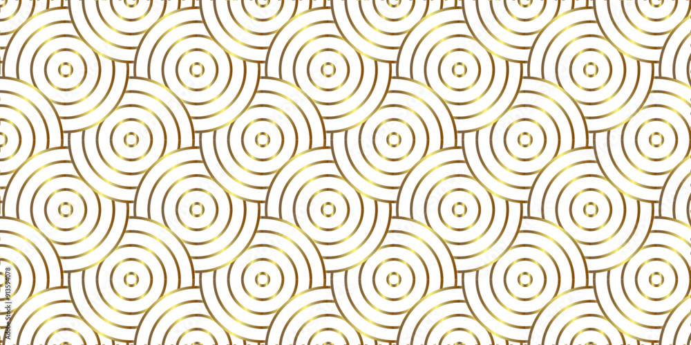 Naklejka premium Vector overlapping Pattern Minimal diamond geometric gold color spiral line waves abstract wave line. seamless gold line tile stripe overlap creative retro circle line fabric pattern white background.