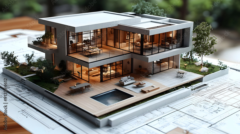 Modern House Model on Blueprints 3D Illustration Modern House Model on Blueprints 3D Illustration