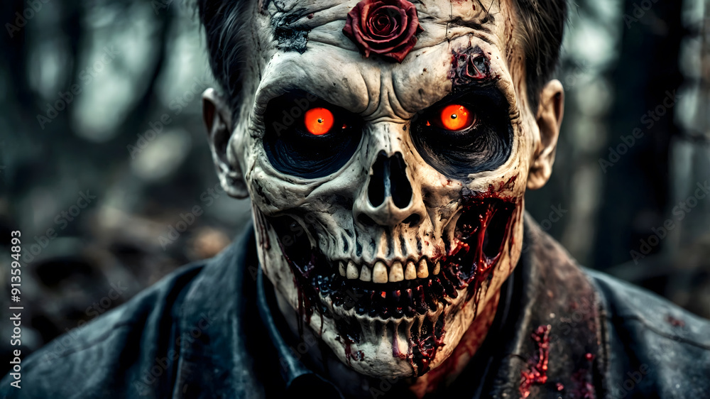 Halloween. Terrifying Zombie in Forest - Horror Movie Special Effects Makeup Halloween. Terrifying Zombie in Forest - Horror Movie Special Effects Makeup