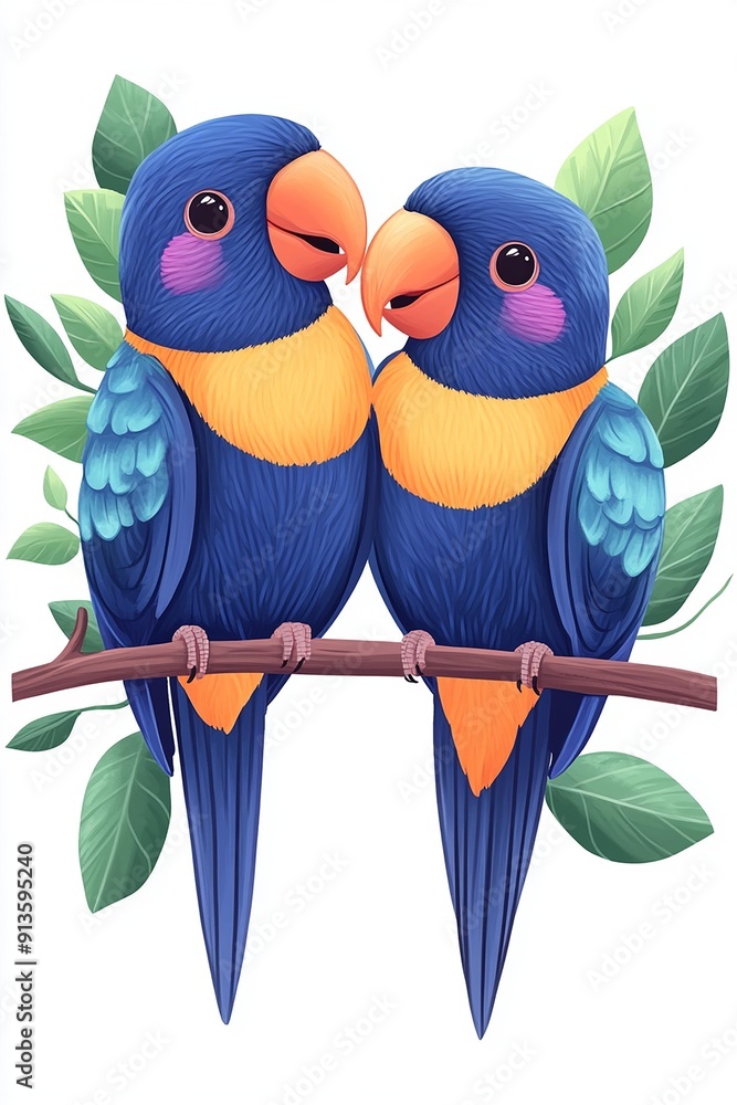 Fototapeta premium A vibrant illustration of two colorful parrots perched on a branch amidst lush green leaves, symbolizing love and harmony.