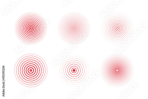 Concentric ripple circles set. Seismic Earthquake alert radar. Radial signal, sonar wave, soundwave rings. touch effect or pulse