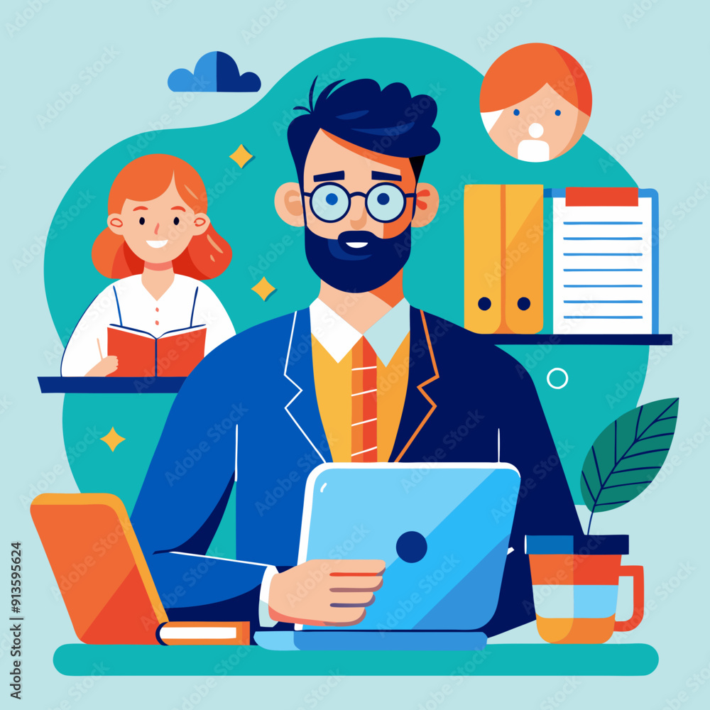Modern Vector of Man Studying Online with Teacher Modern Vector of Man Studying Online with Teacher