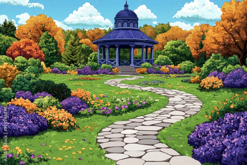 Obraz premium Stone Path Leading to a Gazebo in a Lush Garden