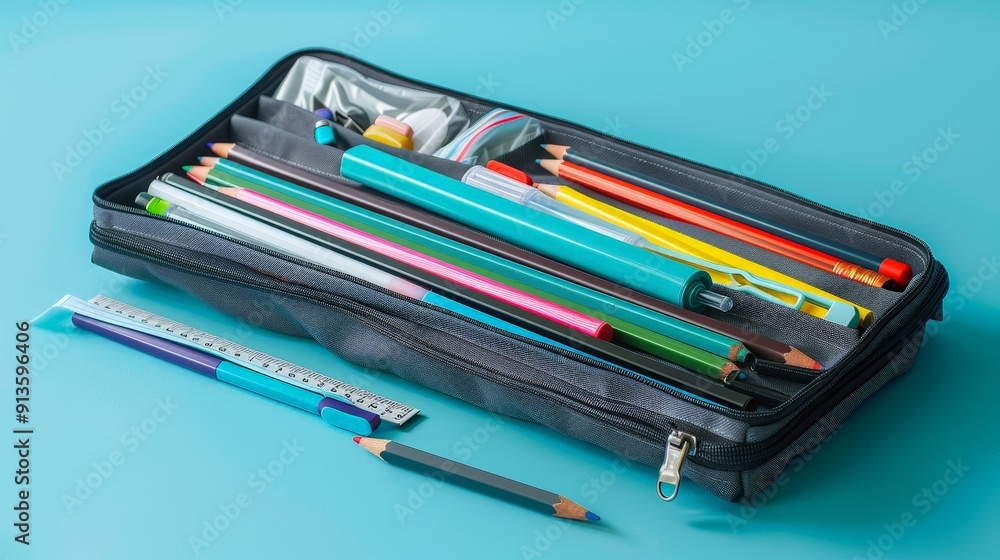 Imagine a neatly organized pencil case filled with pencils, pens, erasers, and a small ruler. Imagine a neatly organized pencil case filled with pencils, pens, erasers, and a small ruler.