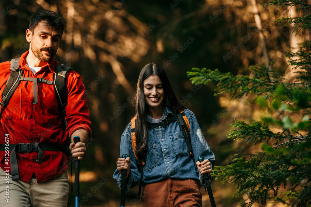 A multiethnic couple is in the forest hiking in the mountains choosing the best route to reach the summit A multiethnic couple is in the forest hiking in the mountains choosing the best route to reach the summit