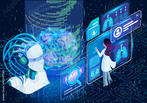 Artificial intelligence isometric. Megamind manages an array of medical data in conjunction with artificial intelligence. The user is a Doctor at a Medical Center