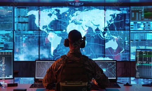A military operations center with a soldier monitoring multiple digital displays showing world maps and data analytics