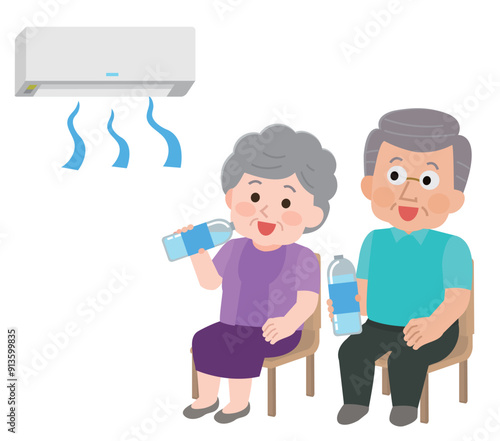 涼しく過ごせる場所で水をのむ高齢者　イラスト