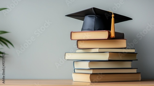 A stack of books topped with a graduation cap sits on a desk