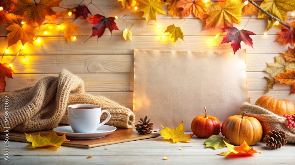 Cozy Autumn Still Life with Pumpkin, Tea, and Knit Blanket. Cozy Autumn Still Life with Pumpkin, Tea, and Knit Blanket.