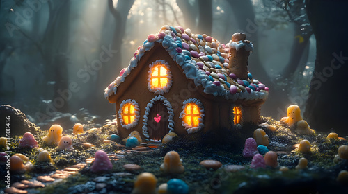 A gingerbread house glows in a magical forest with candy ghosts. photo