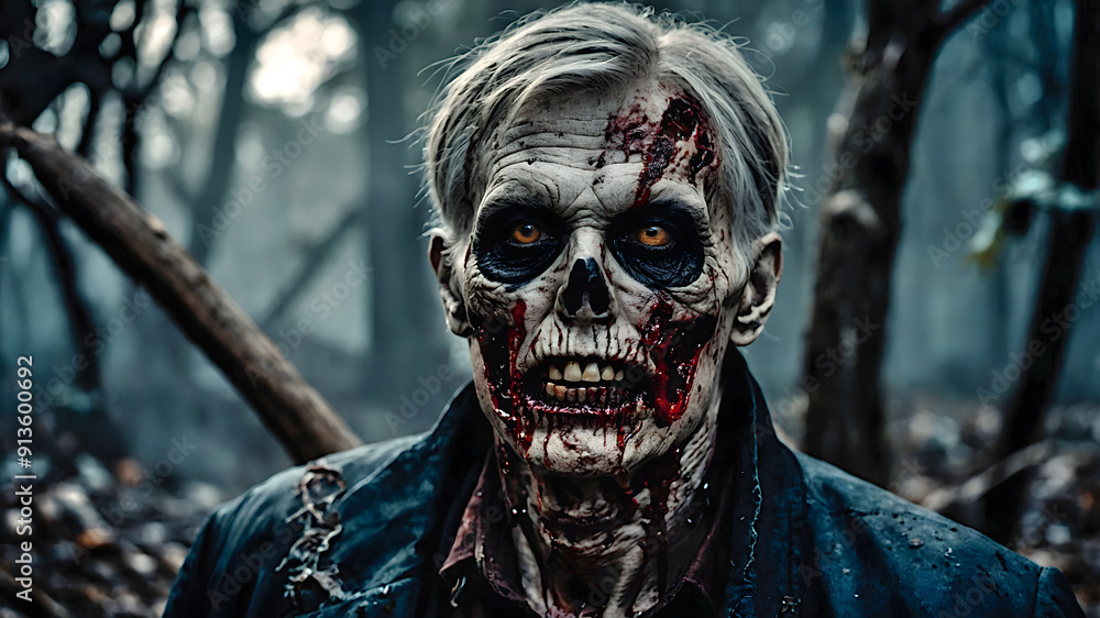 Halloween. Terrifying Zombie in Forest - Horror Movie Special Effects Makeup Halloween. Terrifying Zombie in Forest - Horror Movie Special Effects Makeup