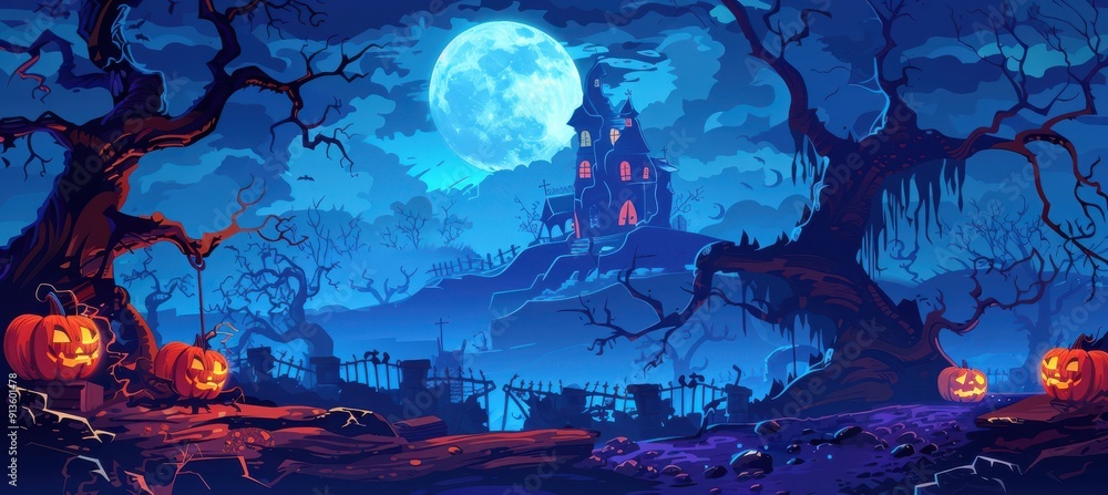 Halloween Night Landscape with Haunted House Halloween Night Landscape with Haunted House