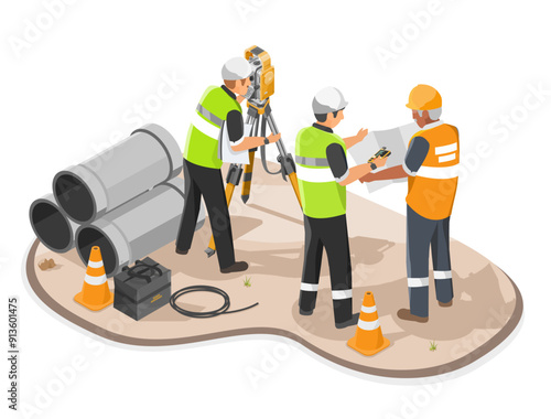 land surveyor civil engineer use theodolite working on worksite of construction site concept isometric isolated on white background cartoon