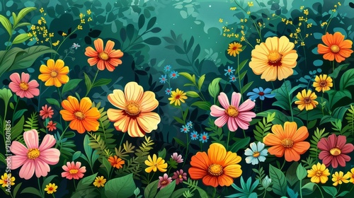 Wallpaper Mural Cartoon vector close-up of beautiful flowers in a garden Torontodigital.ca