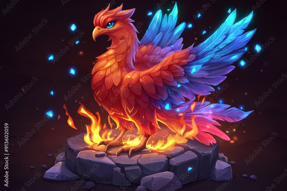 Fototapeta premium Mythical Phoenix Bird with Flaming Wings and Glowing Feathers