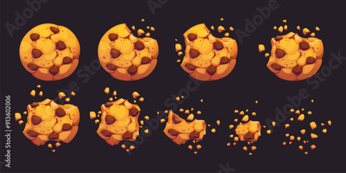 Crumble biscuit cookie animated sprite. Cartoon vector crunchy dessert with chocolate chips whole and bitten disappear animation. Isolated homemade bakery pieces, 2d gui elements sequence frame