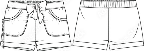 KID GIRLS BOTTOM WEAR SHORTS WITH BOW AND POCKETS FLAT SKETCH FRONT AND BACK VECTOR ILLUSTRATION