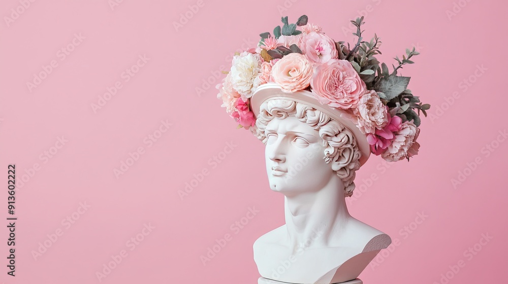 Antique bust of male with carnations bouquet in a hat on pink background. Ready for summer vacation Antique bust of male with carnations bouquet in a hat on pink background. Ready for summer vacation