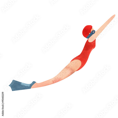 A woman swims underwater in fins and a mask. Watercolor isolated illustration for the design of diplomas and sports certificates, advertising of swimming pools, competitions and resorts.