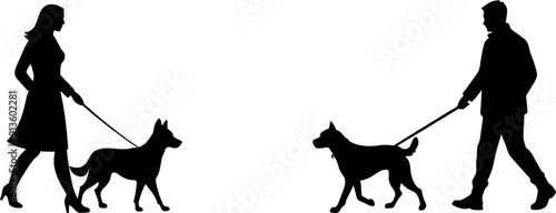 Vektor Silhouetten - Mann und Frau begegnen sich mit Hund - Hunde an der Leine - Hundeschule - Training und Verhalten