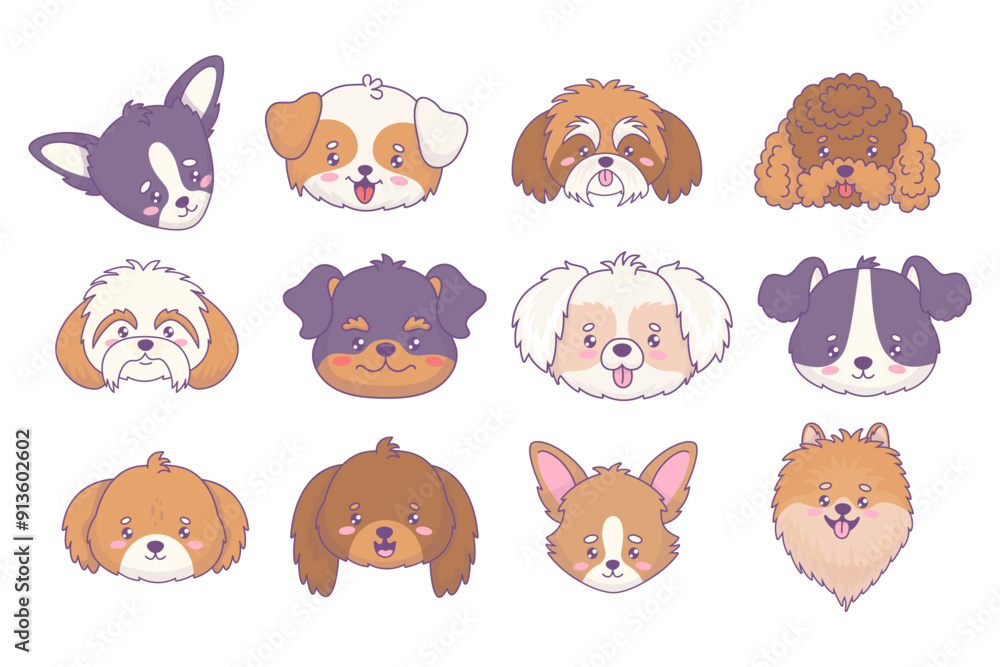 Cute portraits dogs of different breeds collection. Funny muzzle of chihuachua, mongrel, spitz, rottweiler, poodle, pinscher, Shih Tzu. Isolated cartoon kawaii animal. Vector illustration Cute portraits dogs of different breeds collection. Funny muzzle of chihuachua, mongrel, spitz, rottweiler, poodle, pinscher, Shih Tzu. Isolated cartoon kawaii animal. Vector illustration
