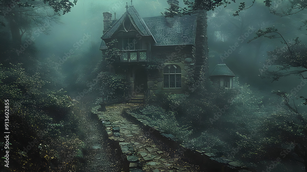 Naklejka premium Stone Cottage in Foggy Forest - Realistic Image
