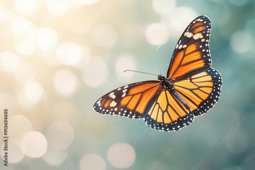 Fototapeta premium A beautiful monarch butterfly gracefully fluttering in a dreamy, soft-focus background filled with shimmering bokeh lights.