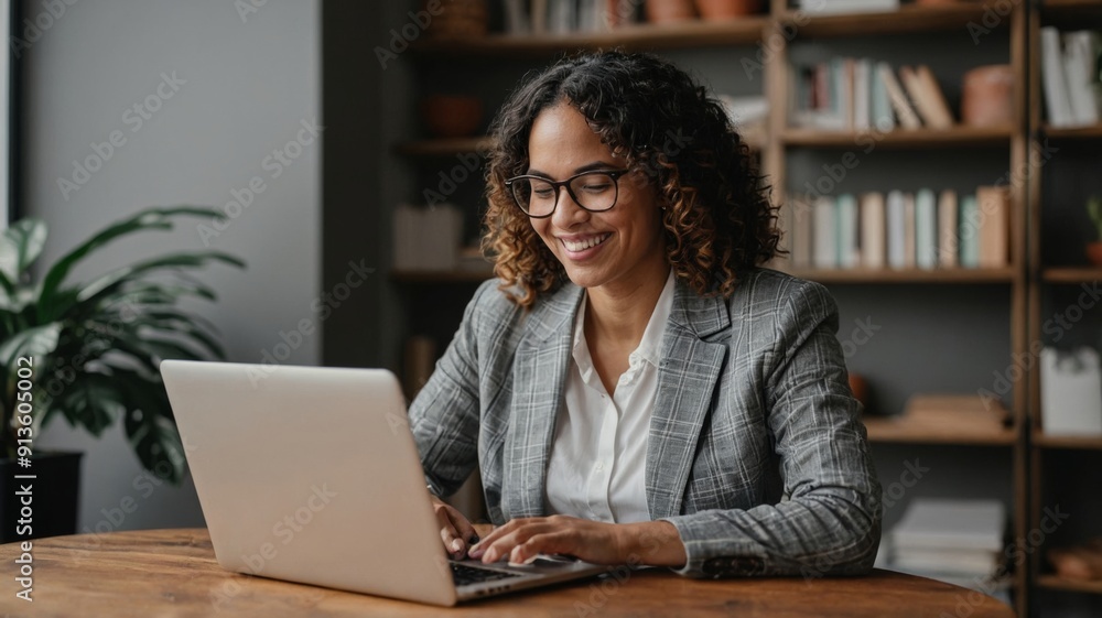 Woman smiling while typing on laptop Woman smiling while typing on laptop