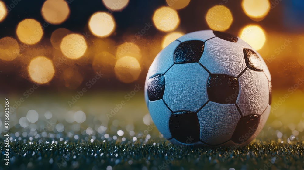 Fototapeta premium A close-up of a classic soccer ball resting on grass with shimmering bokeh lights in the background, symbolizing sports and excitement.