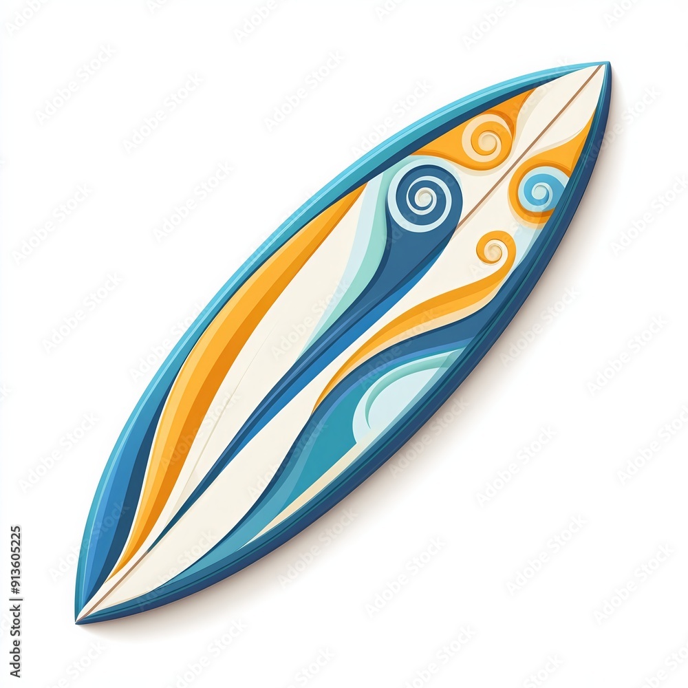 Vibrant surfboard with abstract design in blue, white, and orange colors. Perfect for surfing enthusiasts and beach lovers. Vibrant surfboard with abstract design in blue, white, and orange colors. Perfect for surfing enthusiasts and beach lovers.