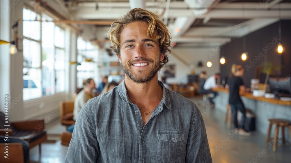 Obraz premium Young Man Smiling Happily Inside Modern Café During Daytime With Cozy Atmosphere
