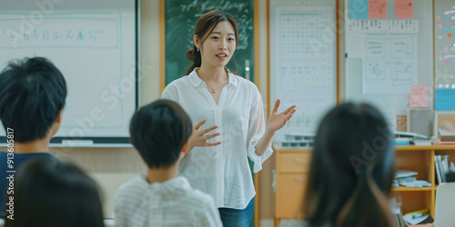 A young female teacher leads a classroom lesson, standing in front of her students, engaging them in the topic.