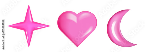 3d elements and forms. Render. Doodle and plastic balls. Trendy modern design. Bubbles. Balloon. Set heart, star, moon. Geometric figure. Sparkling sticker shape. Shiny. Social media. Icons. Glossy